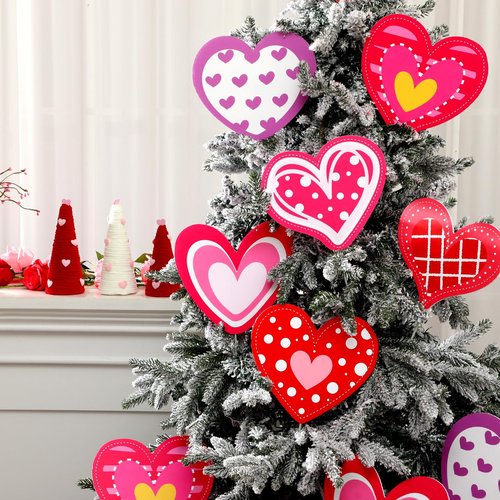 Vertintong 12 Pcs Valentines Day Decorations Tree Ornaments Large Red Pink White Heart Picks Cute Heart San Valentines Ornaments for Valentine's Day Tree Topper Home Wedding Party Decor