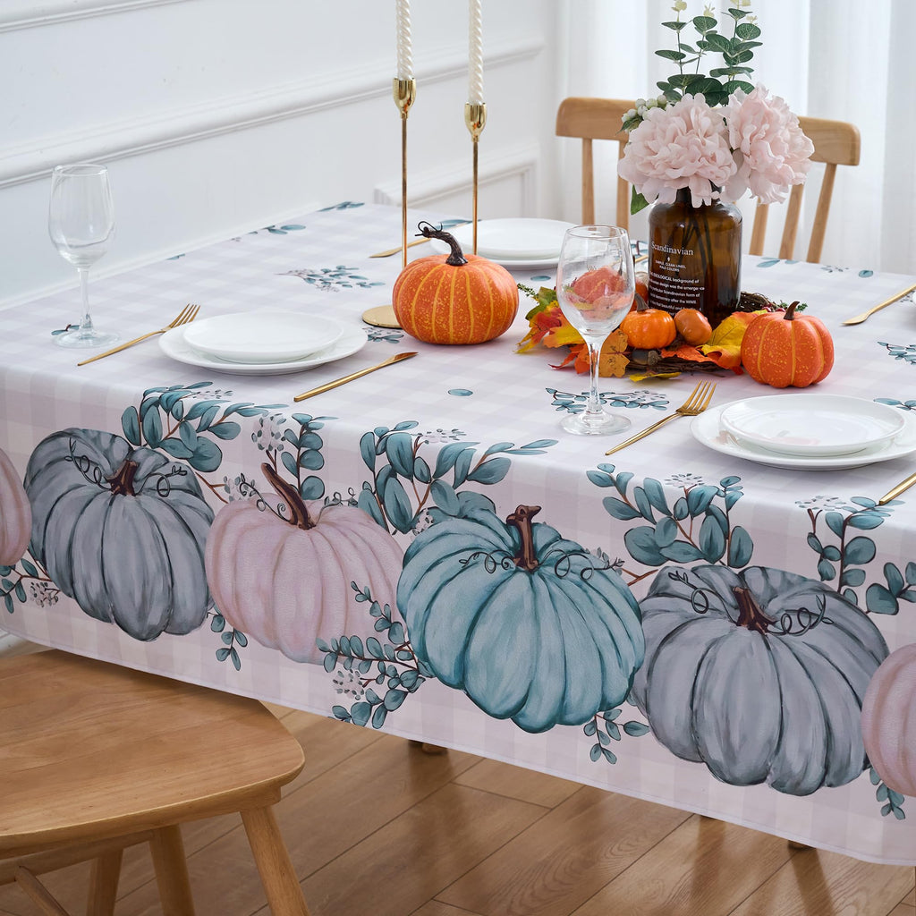 VEDACHIC Thanksgiving Tablecloth Blue Fall Pumpkin Buffalo Plaid Rectangle Table Cloth - 60x84 Inch Oblong Autumn Polyester Table Cover Reusable Water Resistant for Outdoor Holiday Party Picnic