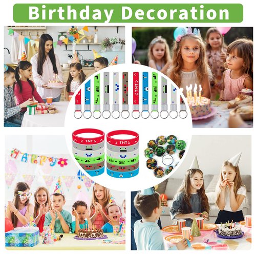 Lyomied 36 Pcs Pixel Birthday Party Favors Set, Game Theme Birthday Party Supplies, Includes Silicone Bracelets, Keychains, Badge, Gaming Party Favors