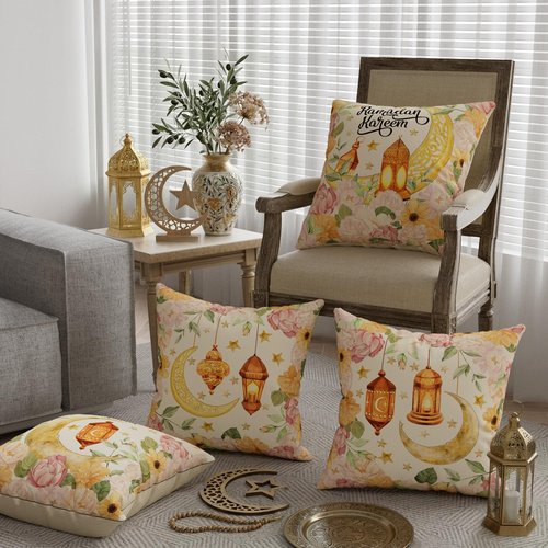 ZAEW Flowers Golden Lantern Moons Stars Ramadan Kareem Pillow Covers Throw Pillow Cases Set of 4 Decorations for Home Sofa Cushion Cover Party Holiday Decor 18x18 Inch