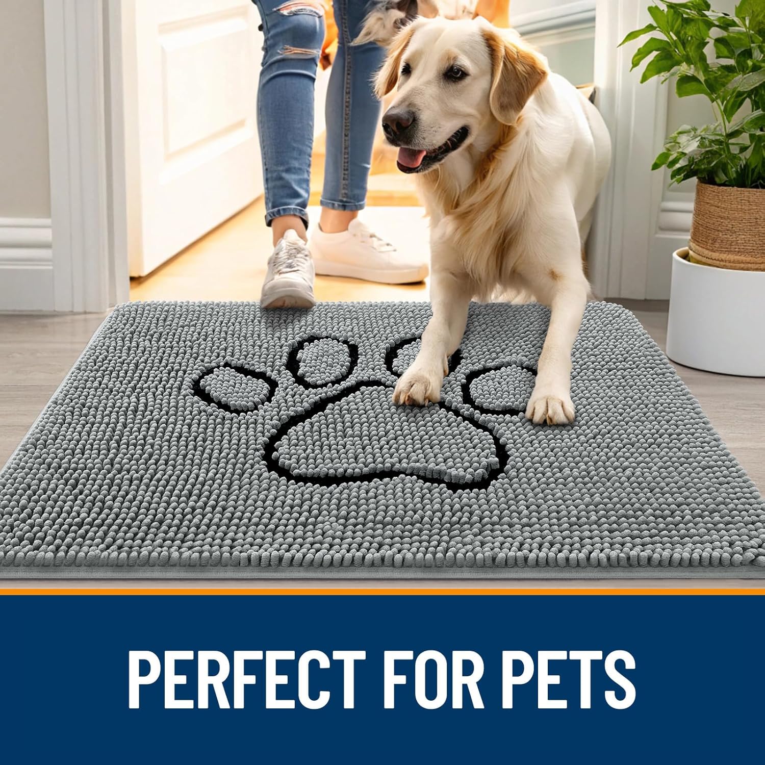 OLANLY Dog Door Mat - Absorbent Non-Slip Mud Mat for Paws | 34x21 Inches, Grey Chenille Design