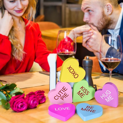 6 Pcs Wooden Hearts Valentines Decor, Colorful Conversation Hearts Decorations Heart Shaped Table Signs, Pastel Printed Valentines Decorations Tabletop Centerpiece for the Home Tray Valentine Wedding