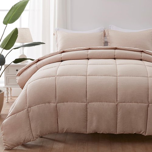 NexHome Queen Comforter Set 3 Pieces Beige Soft Luxury Cationic Dyeing Comforter for All Season, Lightweight Breathable Fluffy Beige Bedding Sets with 1 Comforter and 2 Pillow Shams Queen