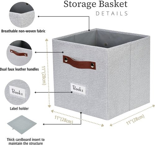 DECOMOMO Storage Bins - Fabric Cube Storage Bins with Labels for Shelves | 11" | 6pcs, Light Texture Grey