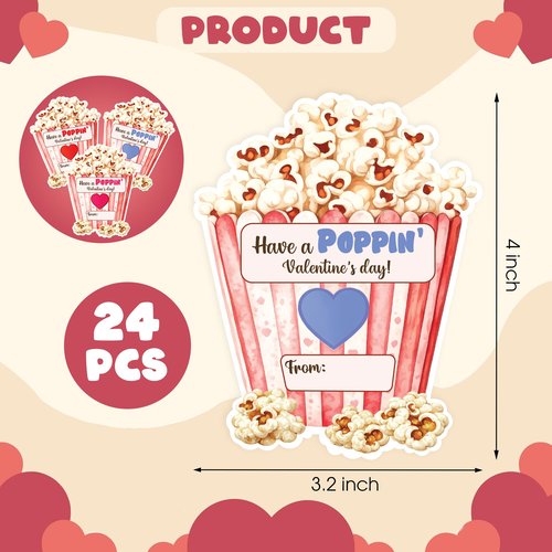KATINAT Have a Poppin Valentines Day Sticker, Valentines Day Cards for Kids, Popcorn Valentine Stickers, Preschool Class Party Favor Treat, Boys, Girls, Popcorn and String Not Included (24pcs)