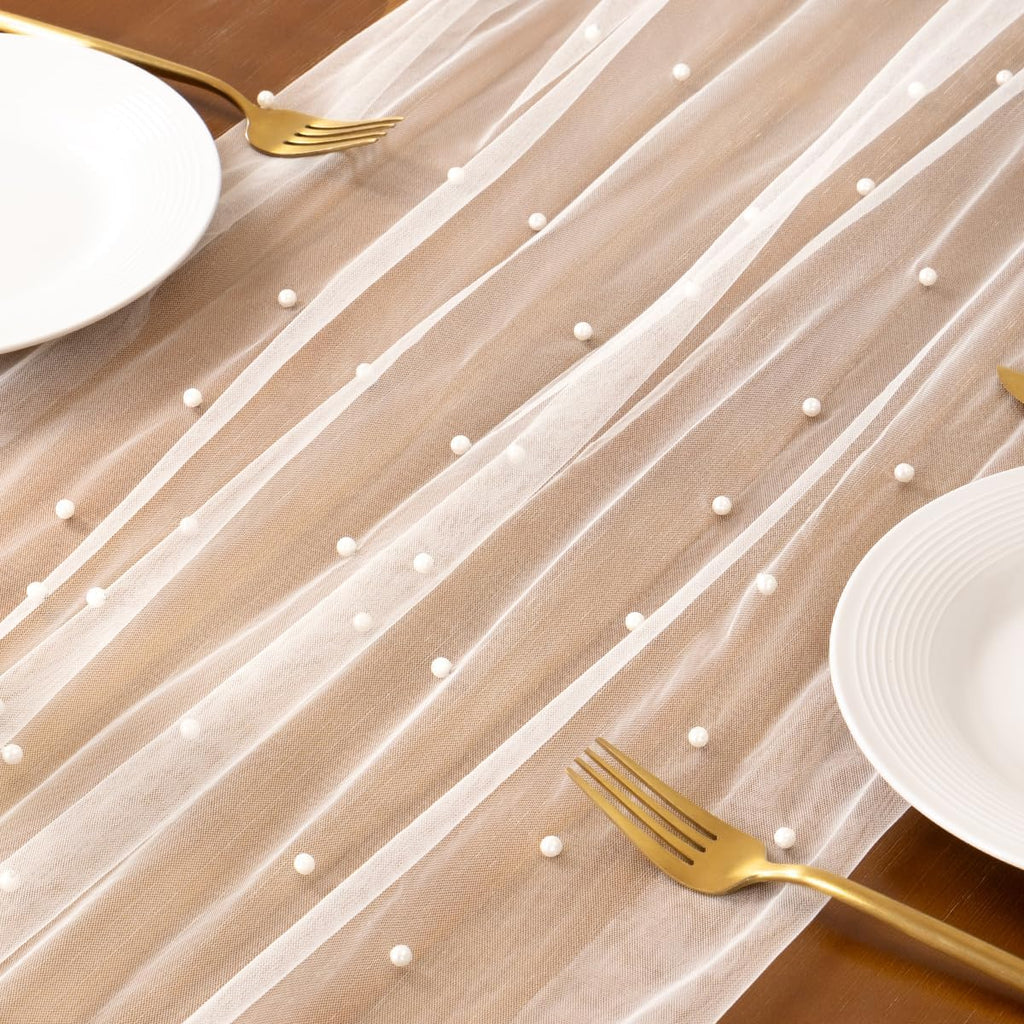 Socomi Pearl Table Runner - Elegant Tulle Design for Spring & Easter | 10FT Ivory White Decor
