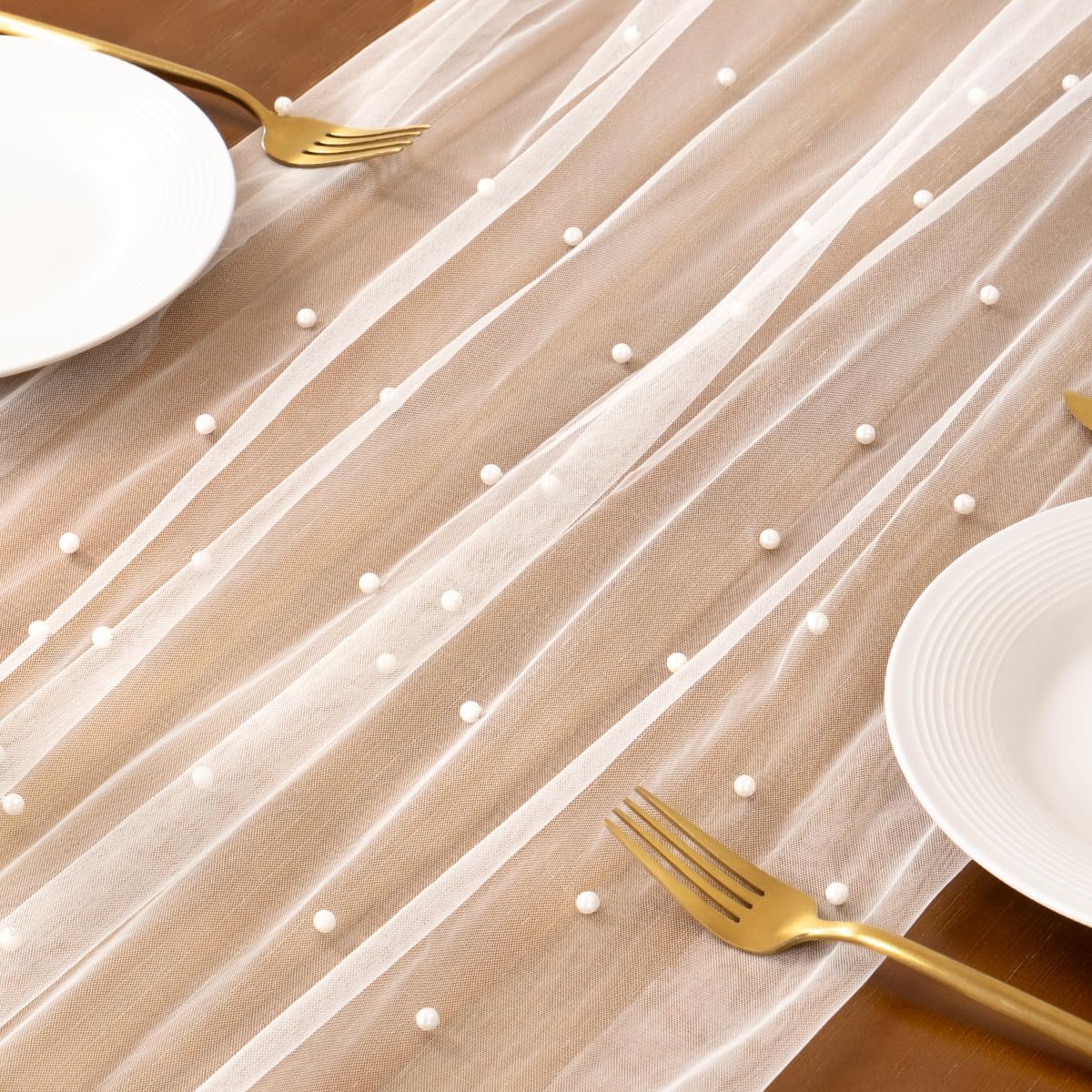 Socomi Pearl Table Runner - Elegant Tulle Design for Spring & Easter | 10FT Ivory White Decor