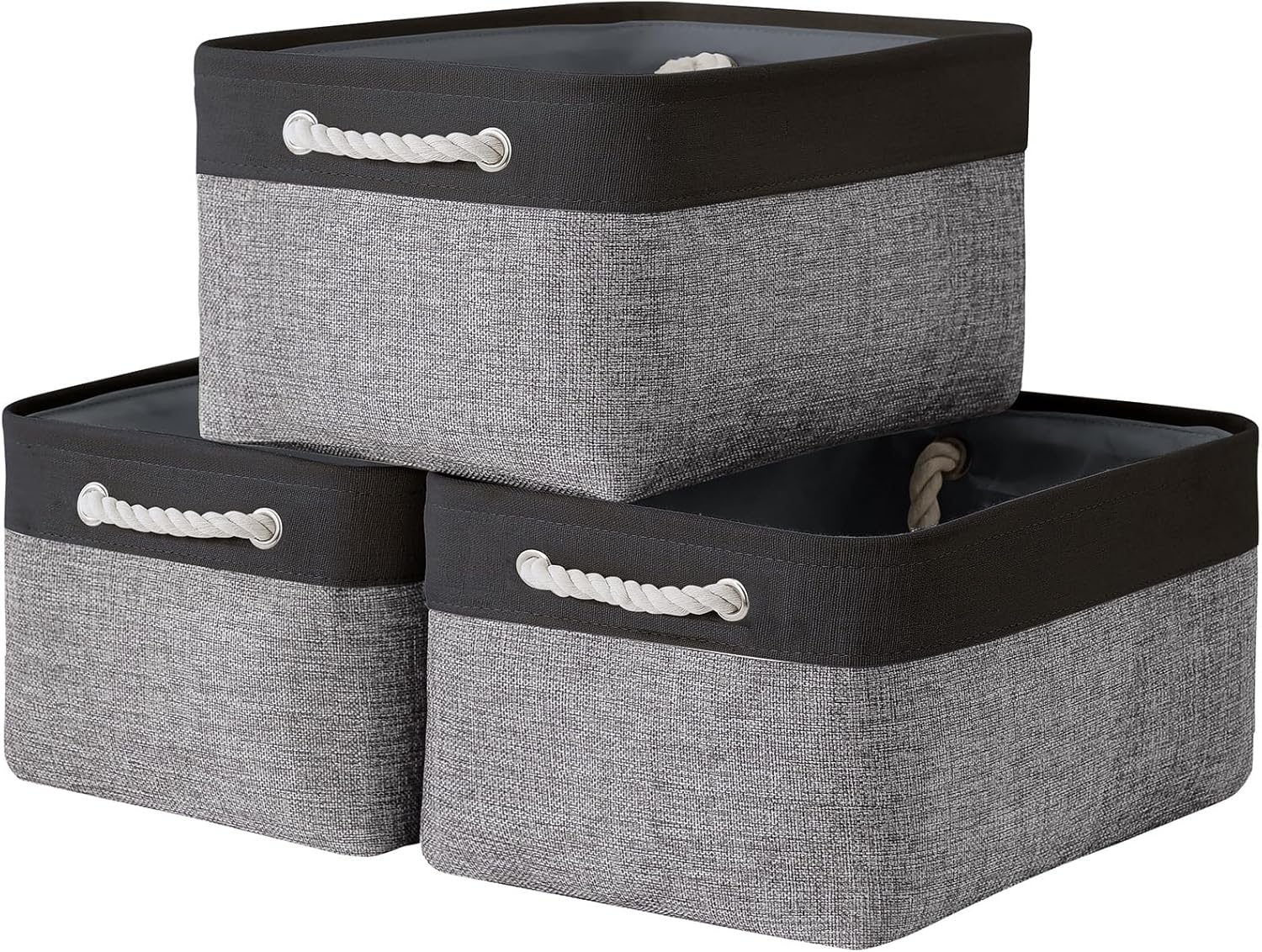 TheWarmHome Collapsible Storage Bins - Large 3-Pack Fabric Organizers with Rope | 16x12x8 Inch (Black & Grey)