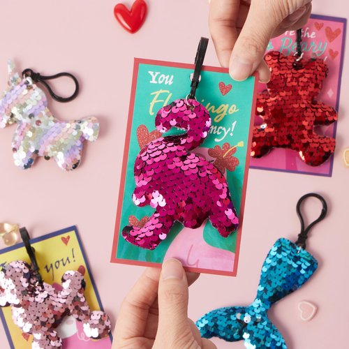JOYIN 30 Pack Valentines Day Gift Cards with Gift Glitter Flip Sequin Keychain for Valentine's Classroom Exchange Prizes, Kids Party Favors