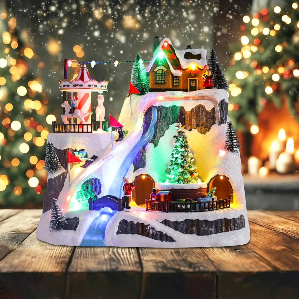 Wonder Garden Christmas Village Houses - Lighted Musical Ski Resort with Moving Train & Carousel | Holiday Decor