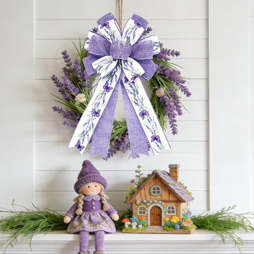 Craflox Spring Summer Lavender Bow Decorations, 2 Pcs Lavender Butterfly Bows for Wreaths, Spring Summer Purple Bow Ornaments for Tree, Spring Tree Topper Bows