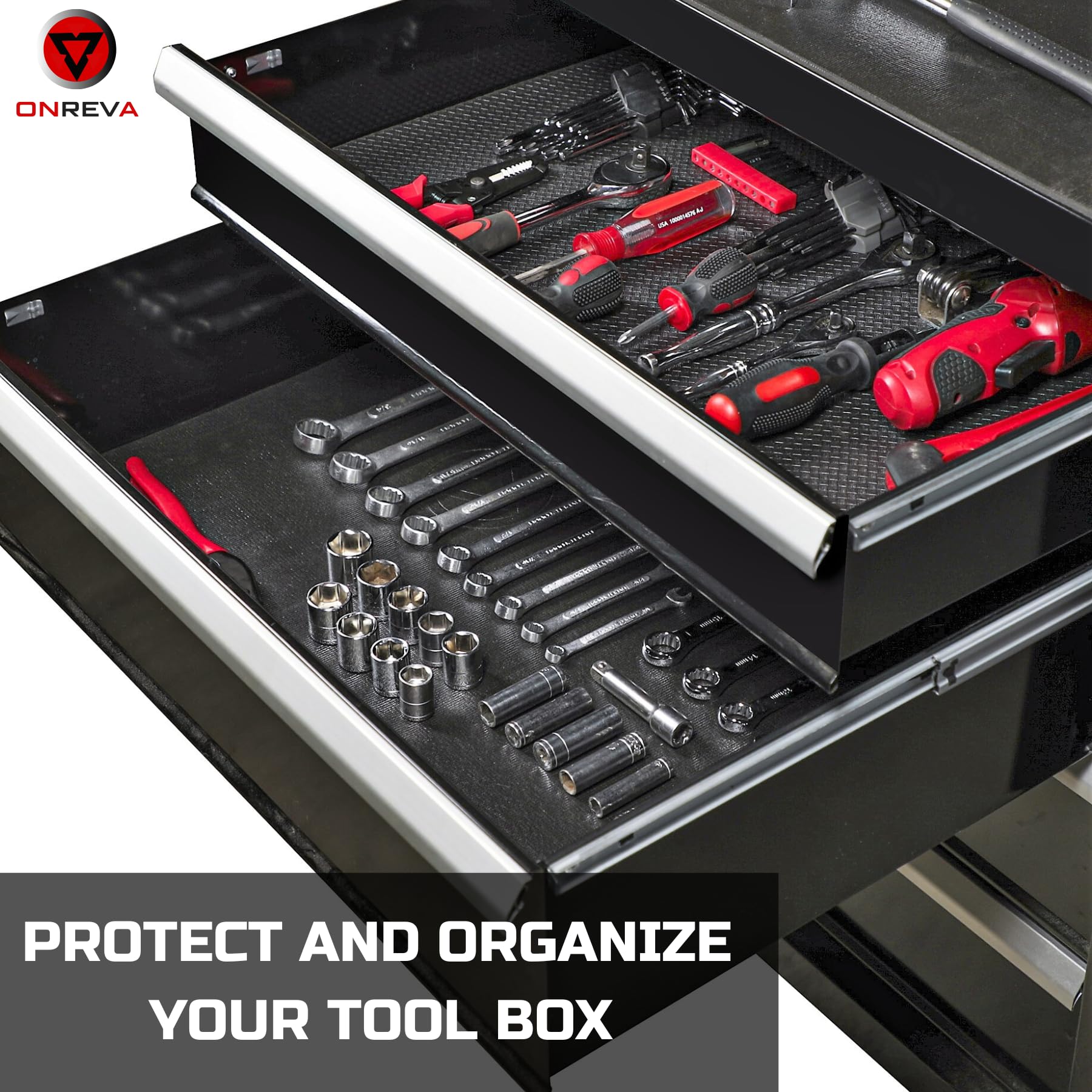 ONREVA Tool Box Liner 16 inch Wide x 18 Ft Large, Toolbox Drawer Liners, Heavy Duty Shelf Rubber Mat, Non Slip Pad Organizer for Rolling Tool Chest Drawers, Cabinet, Workbench, Black