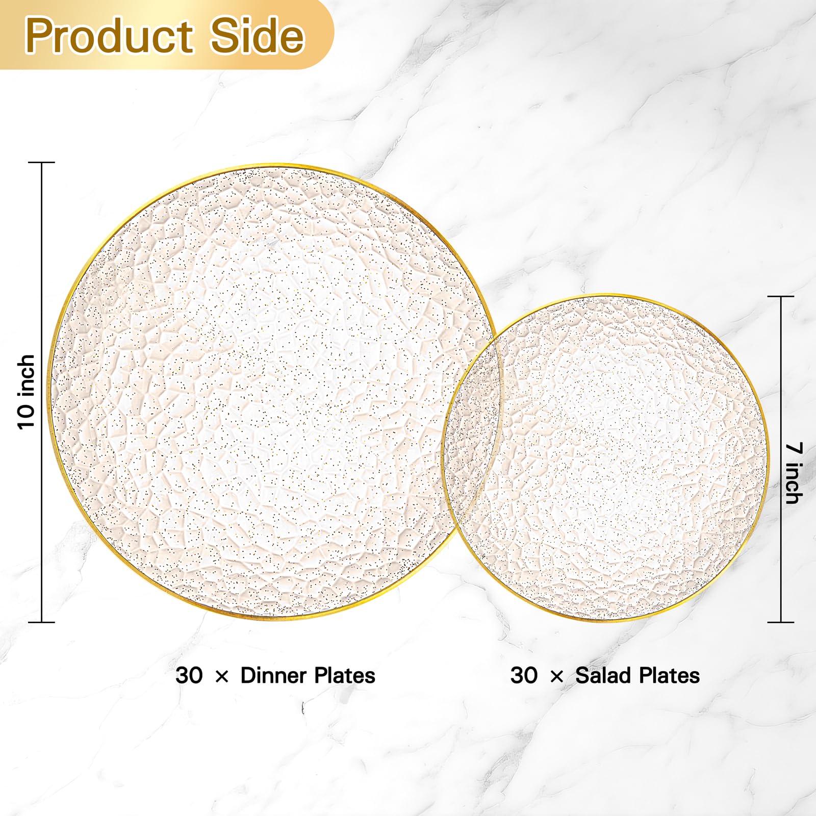 Rubtlamp 60Pcs Clear Gold Plastic Plates, Gold Glitter Disposable Plates, Hammered Plastic Plates Included 30 Dinner Plate And 30 Dessert Plates for Party