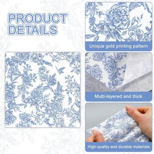 Janlaugh 120 Pcs Disposable Blue and White Floral Linen Feel Napkins | Perfect for Weddings & Parties