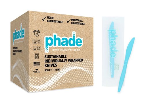phade 100% Compostable Knives – BPI Certified Wrapped Cutlery in Compostable Packaging, 530 Bulk Count, 7.1 Inch Sustainable Disposable Utensils for Events, Takeout, Home – Made in USA