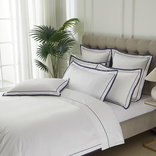 Ranznaz White King Pillow Shams Set of 2, 100% Cotton Luxury Hotel Pillowcases with Navy Embroidered Double Border, Soft Smooth Elegant Decorative Pillow Cases with Envelpe Closure, 20x36 Inches