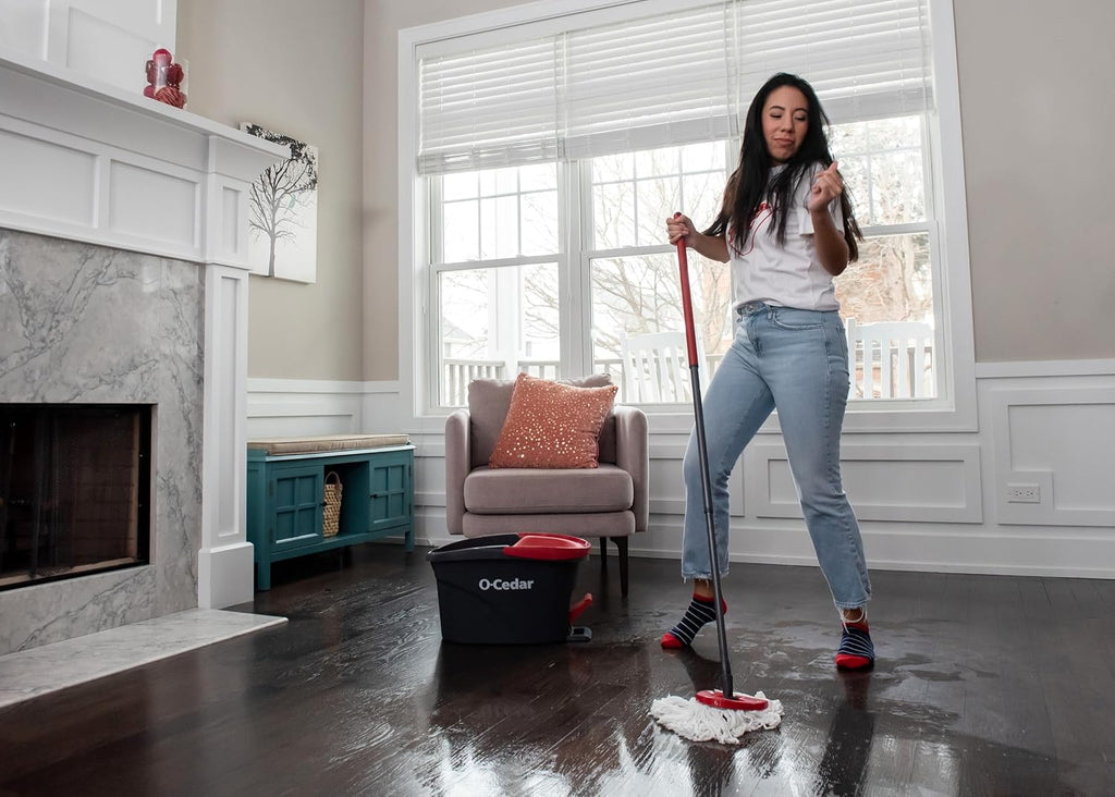 O-Cedar EasyWring Microfiber Spin Mop - Efficient Floor Cleaning System with 2 Extra Refills | Red/Gray