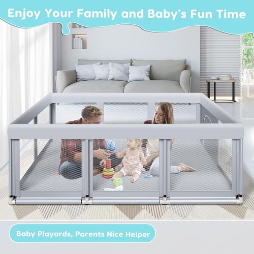 Fshibila Large Baby Playpen - Sturdy Indoor/Outdoor Playard with Soft Mesh | 74" x 50" - Grey