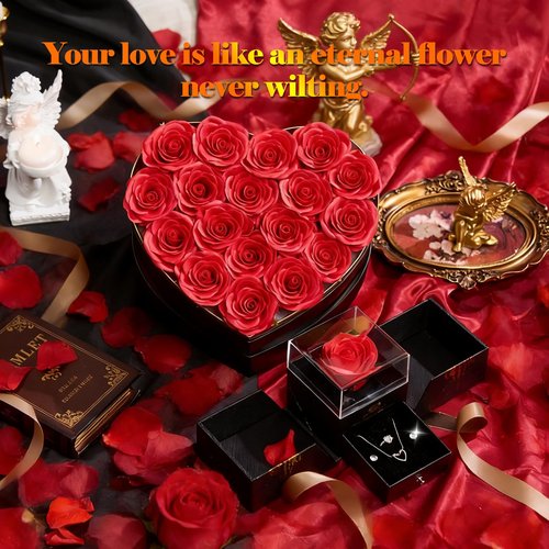 Gifts for Women Artificial Forever Flowers Box & Preserved Roses with Necklace Ring Earrings,Gifts for Her Girlfriend Mom Wife Grandma on Mothers Day Birthday Valentines Christmas Anniversary,Wedding