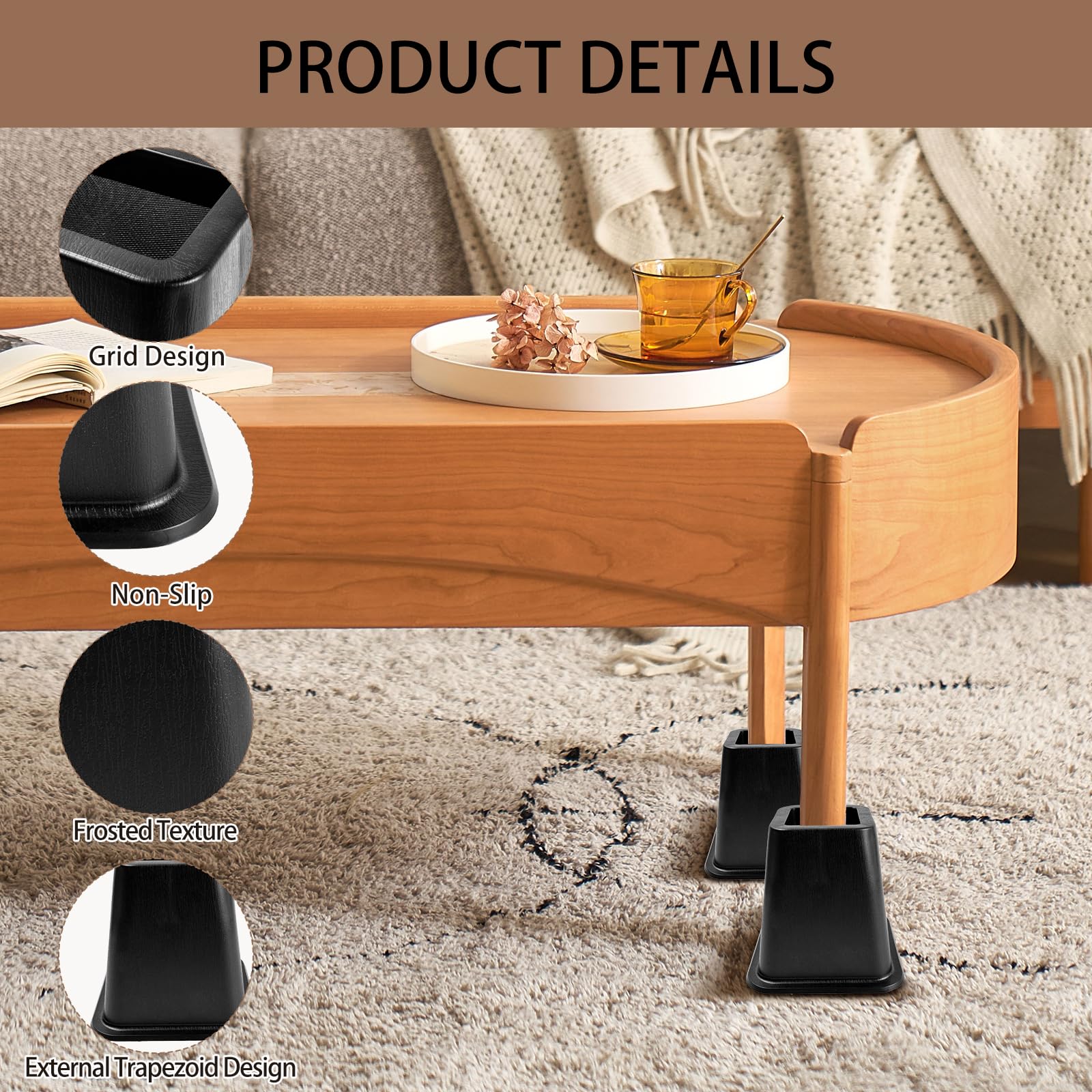 Seuqhck 6 Pack Bed Furniture Risers, 6 Inch Quality Plastic Couch Lift Risers Stackable Black Bed Legs for Sofa, Chair, Cabinet, Desk, Supports up to 2200 Lbs per Leg