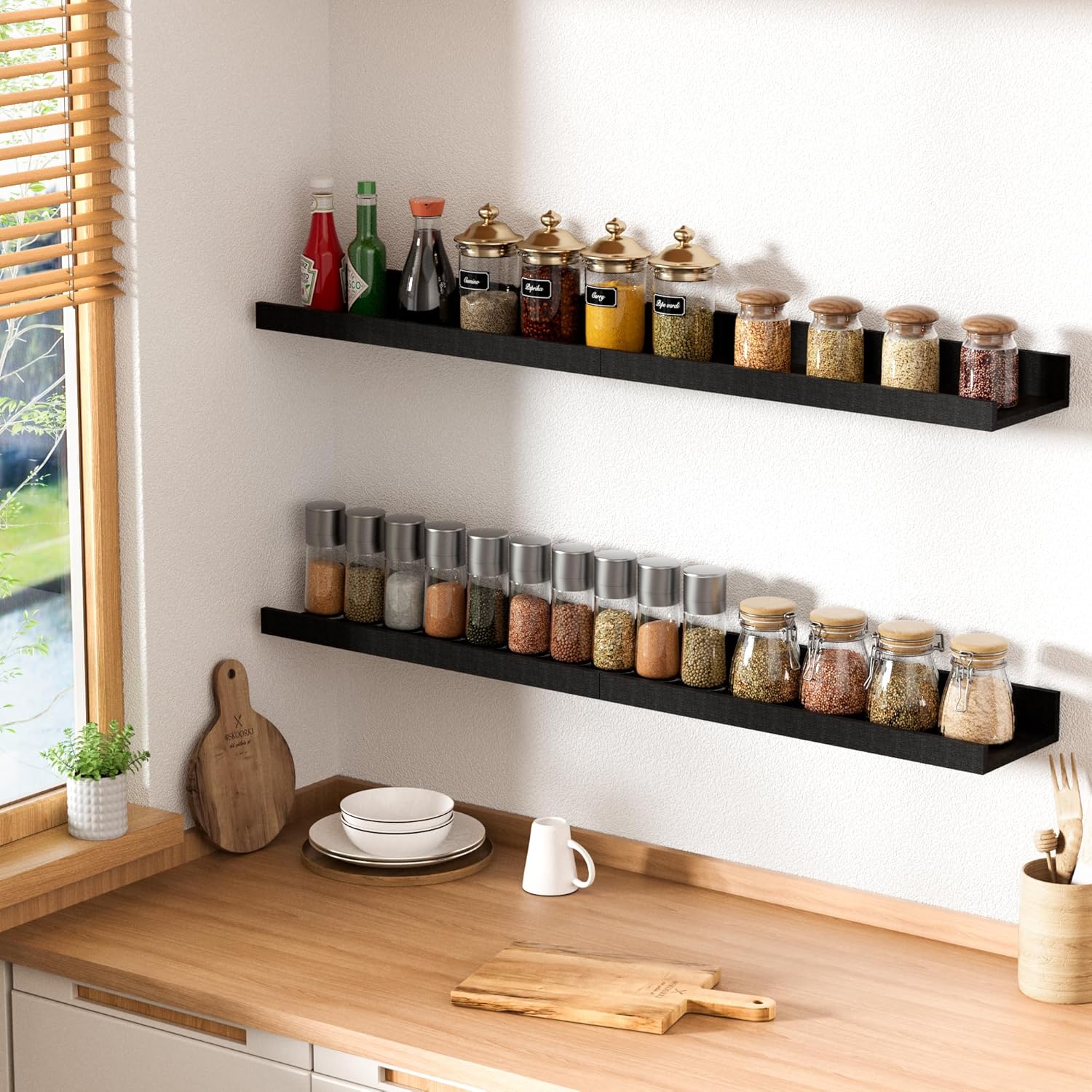 Upsimples Floating Wall Shelves - Set of 6 Decorative Wood Shelves for Bedroom, Living Room, Kitchen | Black