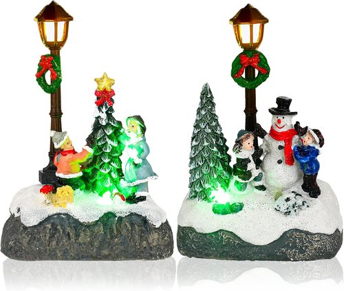 Karenhi Christmas Village Set - 2 Pcs Snowman & Santa Figurines with LED Lights | Rustic Tabletop Decor