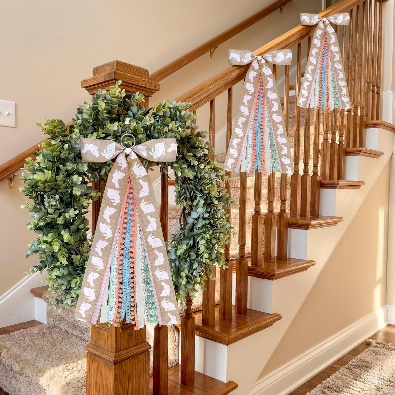 Suncalla Easter Ribbon Bows - 2 Pcs Large Rabbit Decorations for Front Door & Indoor/Outdoor Use