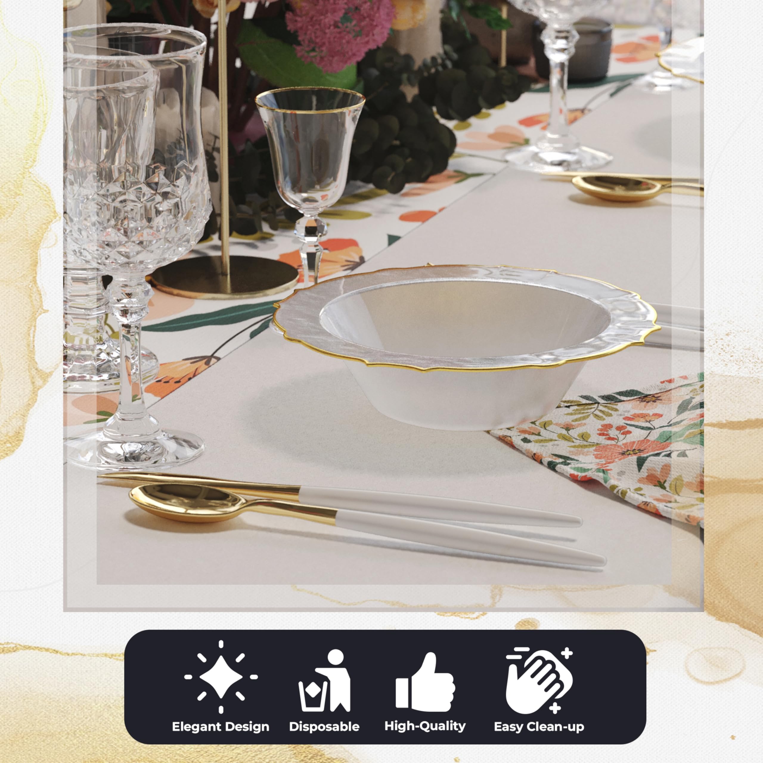 Exquisite Fancy Plastic Bowls Disposable Bowls 12 Oz Bowl Set Of 40 Disposable Soup Bowls Plastic Serving Bowls Perfect Plastic Ice Cream Bowls or Plastic Salad Bowls - Clear - Gold Rim