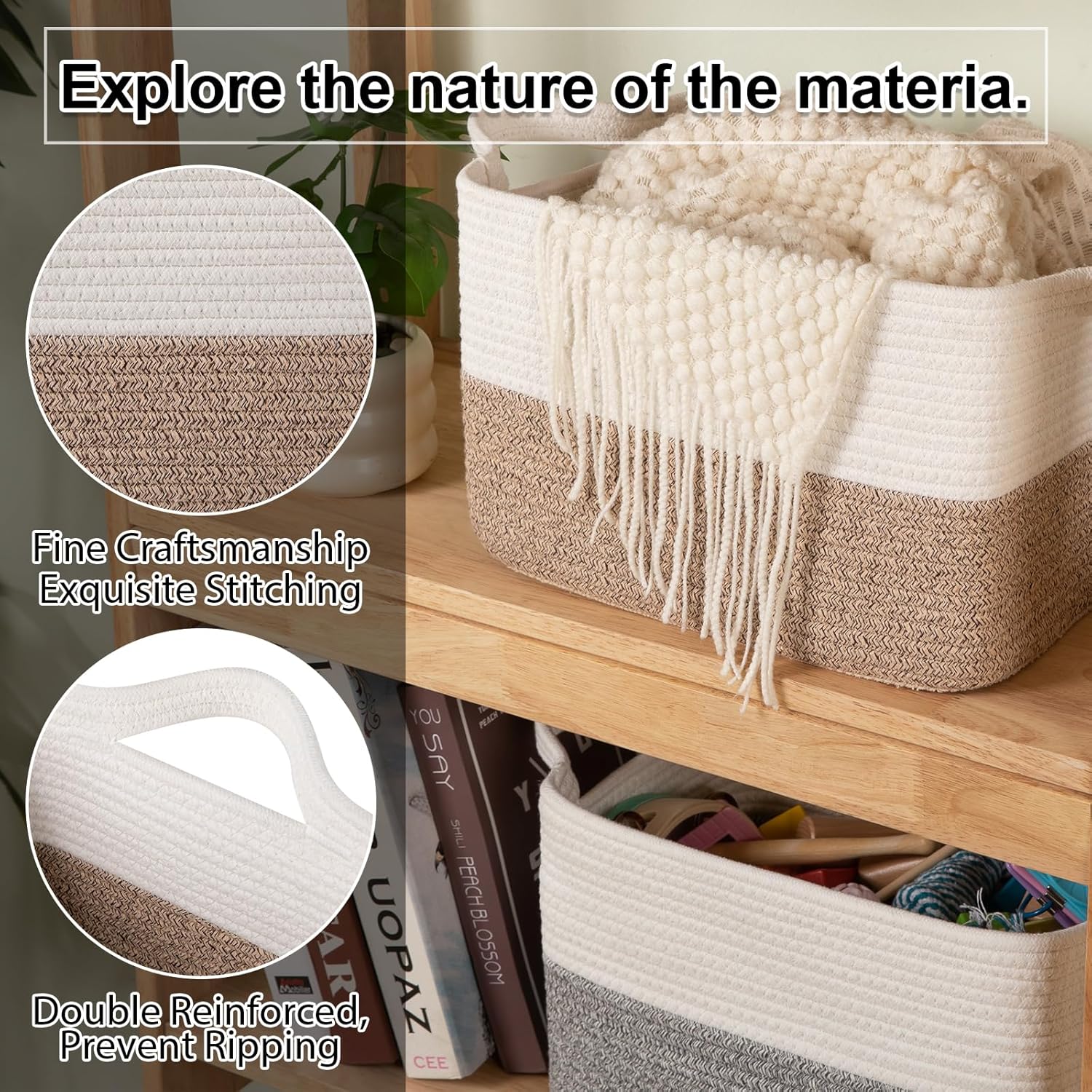 OIAHOMY Woven Storage Basket - Rectangle Cotton Rope Organizer for Toys, Towels & Books | 13 x 10 x 9 in, Brown & White