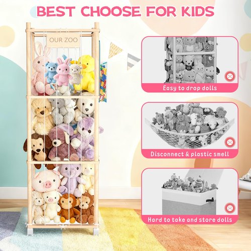 DUOQNY Stuffed Animal Storage, 54-Inch Wooden Large Toy Storage Organizer with Bag & A Cloth Underneath - Holds Plush Toys, Small Objects for Kids Bedroom, Nursery, Playroom - Gift for Children