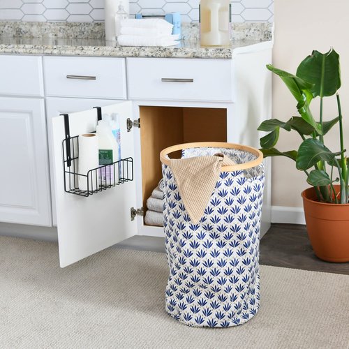 Household Essentials Bamboo Rimmed Round Krush Hamper with Cutout Handles, Blue Cacti