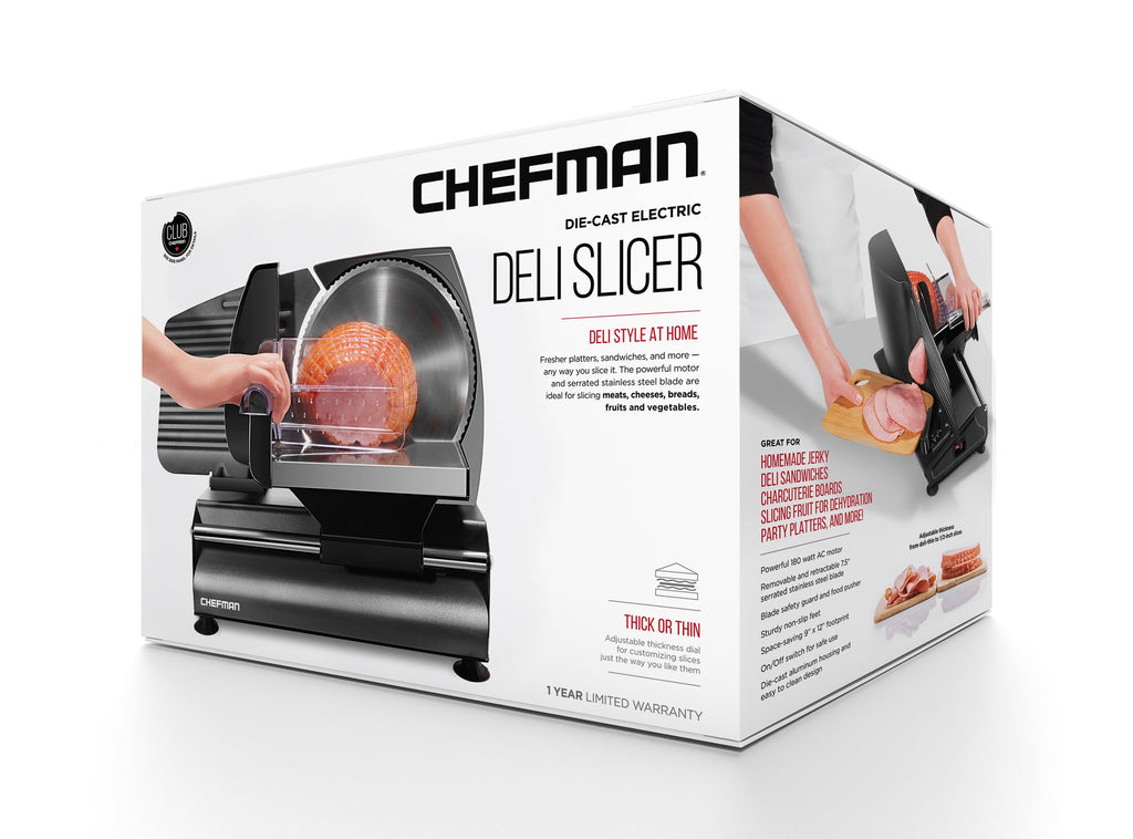 Chefman Electric Deli Slicer With Adjustable Slices, Stainless Steel Blades, Safe Feet - For Ham, Cheese, Bread, Fruit & Veggies
