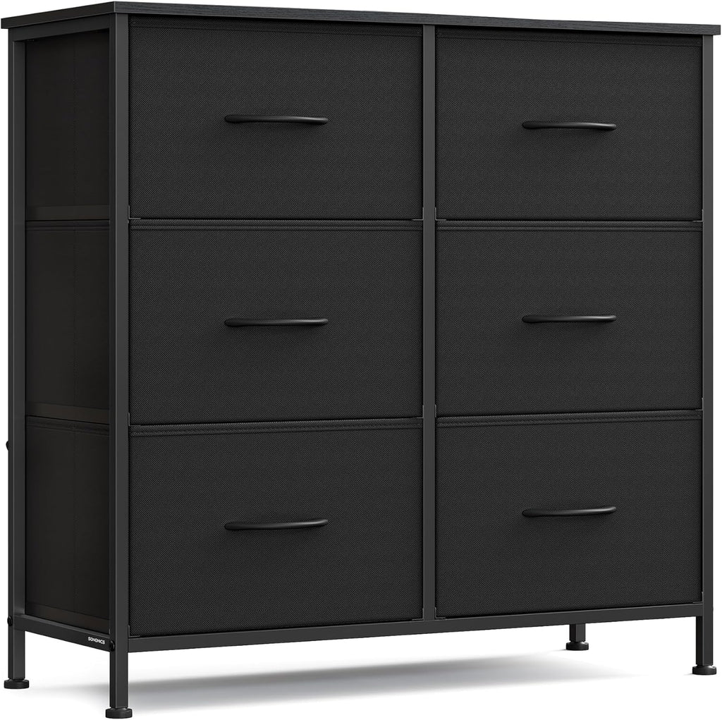 SONGMICS Dresser - Versatile Chest of Drawers & TV Stand with 6 Fabric Storage Bins | Ink Black & Ebony Black