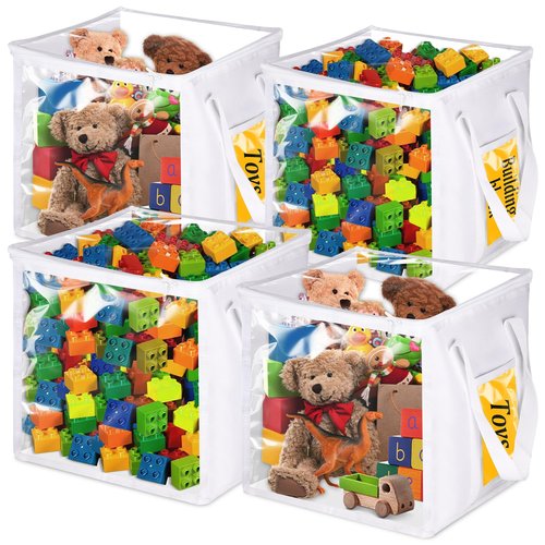 EVELOMO 4 Pack Clear Toy Storage Bins with Lids - 12" x 12" Storage Cube Bins, Foldable PVC Boxes with Handles, Storage Organizers for Toys, Clothes, Blocks, Stuffed Animal Storage(White)