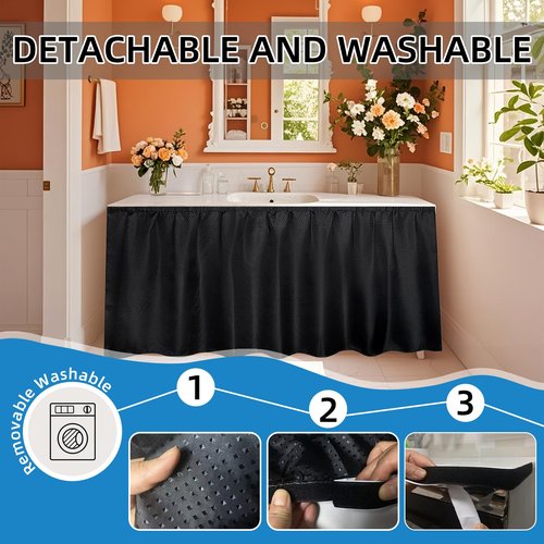 Fabric Sink Skirt Waterproof Self-Adhesive Bathroom Sink Skirt Diamond Stitch Design, 55 x 32 Inches, Adds Under Sink Storage (Black)