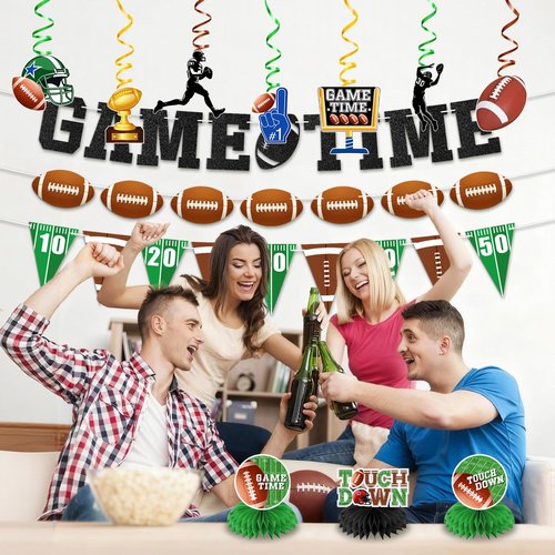 20Pcs Football Party Decorations Kit | Game Time Football Garland Banner Hanging Swirl Touch Down Honeycomb Centerpiece | Birthday & Tailgate Party Supplies