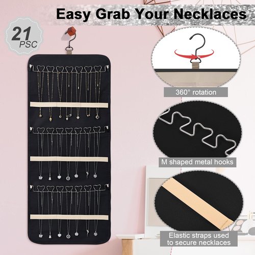 Dynoro Double-Sided Hanging Jewelry Organizer, Large Black Storage Roll for Earrings, Necklaces, Rings, 48 Pockets 21 Hooks, Durable Oxford Fabric for Closet, Wall, Door, 1 piece, Jewelry Not Included