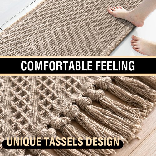 H.VERSAILTEX Waffle Bath Runner Rug Long Bath Mat Super Absorbent Boho Bath Rugs Non Slip Bath Runner for Bathroom Floor Machine Washable Dry Fast Bathroom Rugs with Tassels, 24" x 60", Irish Cream