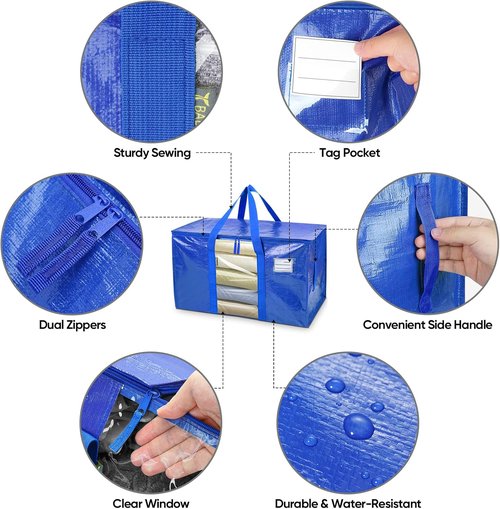 BALEINE Oversized Moving Bags - Heavy-Duty Storage Totes with Reinforced Handles | 2-Pack, Blue w/Window