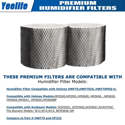 Yeelife HWF75 Humidifier Filter Replacements for Holmes HWF75CS, HWF75PDQ-U, Filter D, Sunbeam Cool Mist Humidifier Filter SCM3501, SCM3502, SCM3656, SCM3657, SCM3609P (2pack)