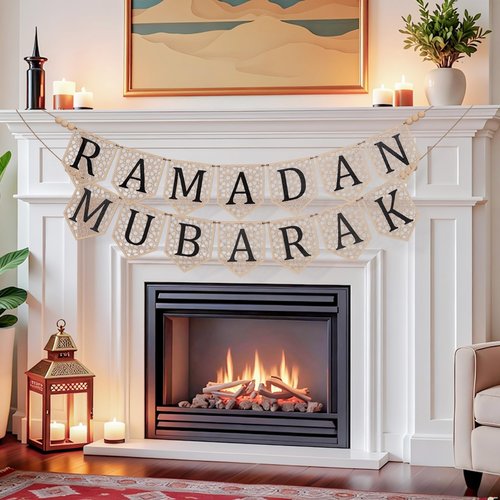 2 Pcs Ramadan Mubarak Banner, Wooden Eid Ramadan Mubarak Decorations with Rustic Beads, Muslim Party Decor for Home, Mantel, Fireplace, Indoor or Outdoor Celebration (Black Letters)