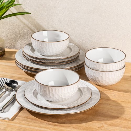 GBHOME Ceramic Dinnerware Sets,12 pcs Embossed Elegant Stoneware Plates and Bowls Sets, Housewarming Wedding Gift | Dishwasher & Microwave Safe | Dishes Set Service for 4