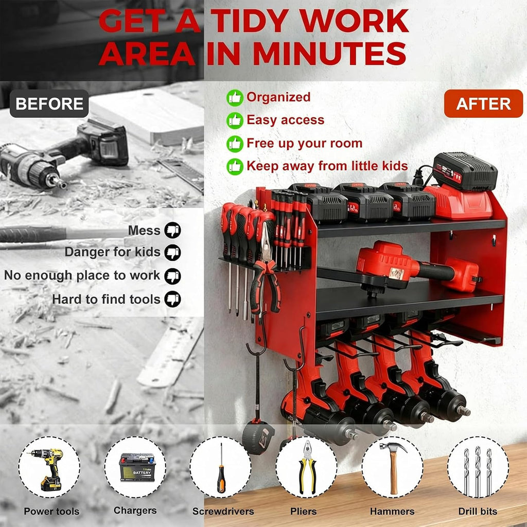 Power Tool Organizer by [Brand Name] - Heavy Duty Wall Mount with Charging Station | 3-Layer Storage & 4 Drill Holders