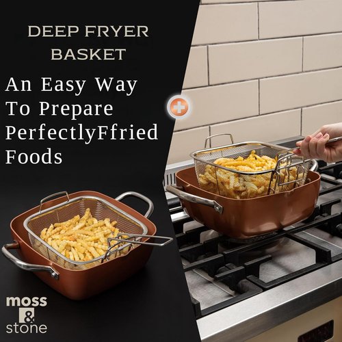 Moss & Stone Copper Chef Cookware Set - 5 Pcs Non-Stick Deep Frying Pan & Accessories | 5 Qt Induction Safe
