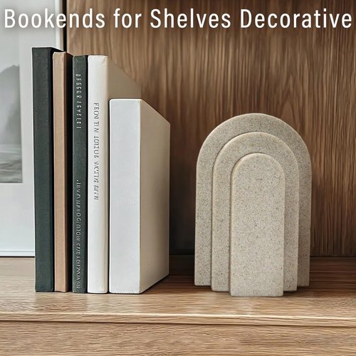 LIN CHUAN Heavy Duty Bookends for Shelves, 6.6 LBS Heavy Book Ends for Heavy Books, Decorative Modern Bookends with Faux Sandstone Look, Layered Arch Book Stopper for Bookshelf Holder Set of 2, Beige