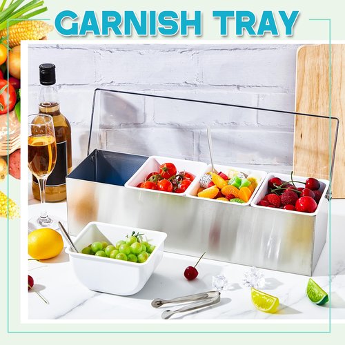 Mifoci 2 Pack Stainless Steel Chilled Condiment Server 4 Removable Slot Toppings Containers with Lid and Bottom Ice Bar Garnish Tray with 9 Silverwares 8 Ice Boxes for Christmas Party, Events and Bar
