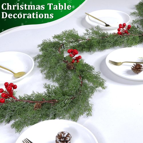 Prelit & Timer - 6 Ft Real Touch Christmas Cedar Garland with Lights, Lighted Christmas Garland for mantle Table Holiday, Soft Greenery Pine Cypress Garlands Pinecone Berry Battery Operated Xmas Decor