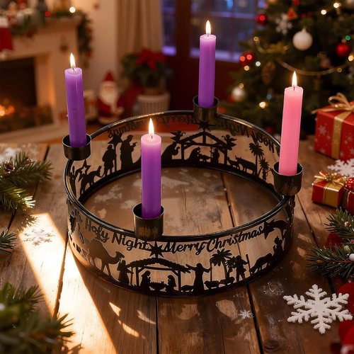 Blulu Advent Wreath Candle Holder - Rustic Nativity Scene Metal Jesus Centerpiece for Christmas Decor