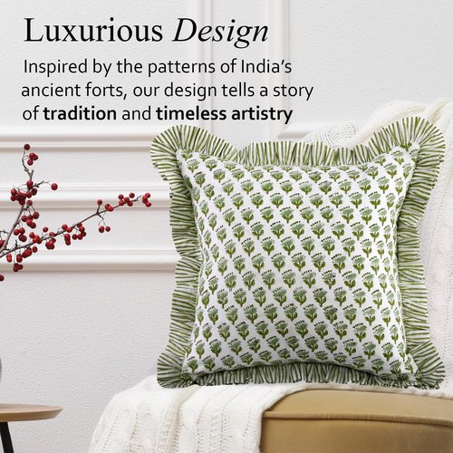 CPC Block Print Ruffle Throw Pillow Covers - Emerald Green 20"x20" | 100% Cotton Boho Decor for Living Room & Bedroom