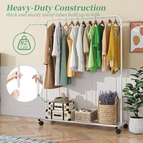 Simple Trending Standard Clothes Clothing Garment Rack with Storage Shelves, Rolling Clothes Organizer on Wheels for Hanging Clothes, White